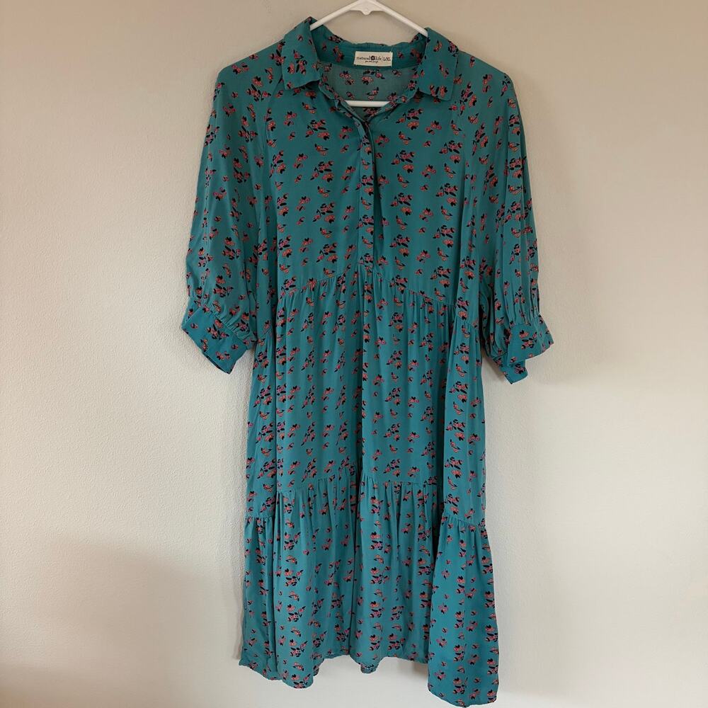 Natural Life Teal Floral Tiered Dress Pockets (L/XL)